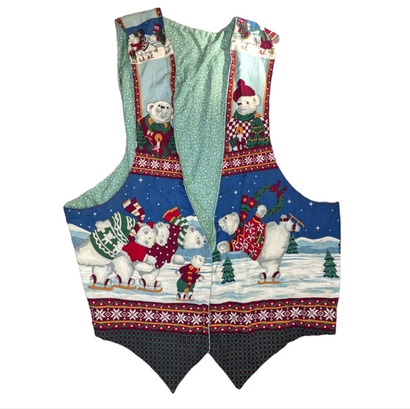 Vintage Christmas Polar bear ice skating tree double sided vest woman's 2XL - Picture 1 of 5